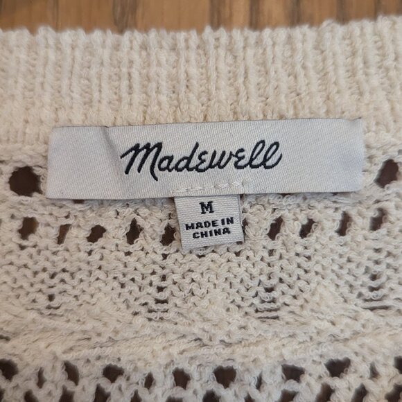 Madewell Open Knit Scalloped Trim 3/4 Sleeve Cotton Blend Sweater Cream Boho-M - Picture 2 of 6